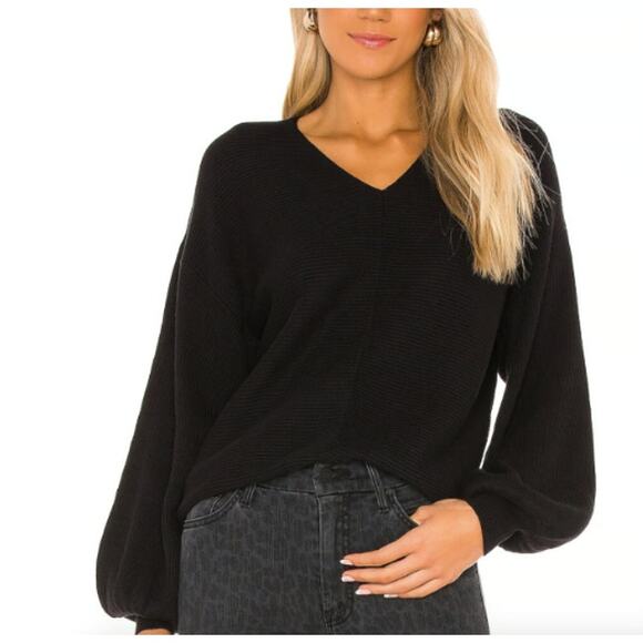 NWT 1.STATE REVOLVE Women's Black Ribbed V Neck Balloon Sleeve Sweater Size L - Picture 1 of 8